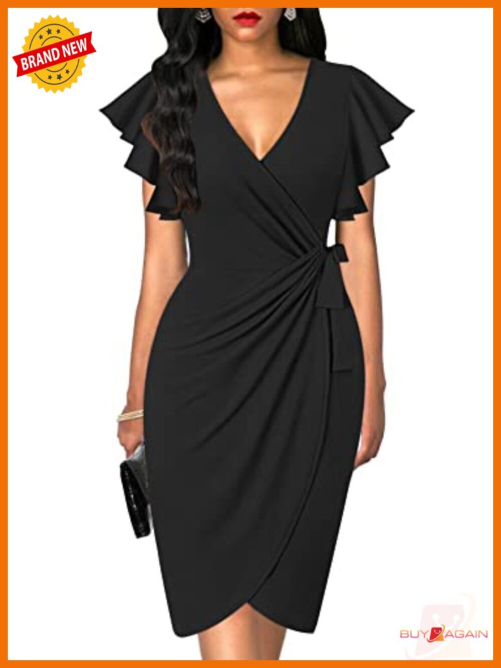 Womens Deep V Neck Ruffle Sleeve Faux Wrap Cocktail Work Dress